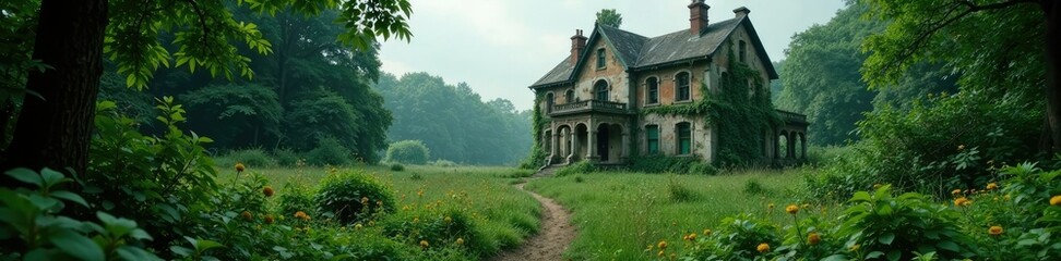 Naklejka premium Overgrown garden overcasts a crumbling mansion, nature, ruin