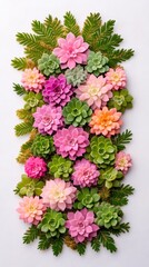 Fototapeta premium A delicate flat lay of pastel hued succulents and cascading greenery on a white marble table accented by gold edged leaves for elegance 