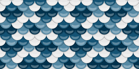 Stunning seamless pattern featuring overlapping scales in shades of blue and white.  Perfect for textile design, website backgrounds, or any project needing a sophisticated, aquatic feel.