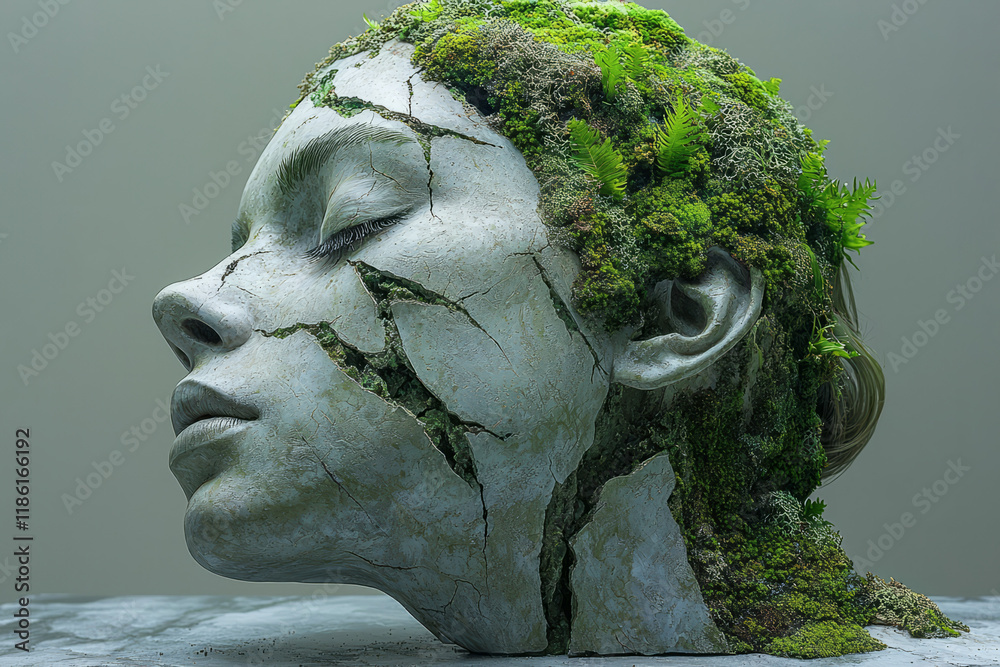 Poster minimalistic bust with diagonal fractures bursting with mossy plants, displayed on a uniform light-g