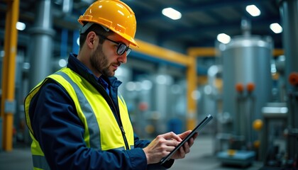 Engineer in safety uniform checks oil supplies at oil refinery factory. Uses tablet for control. Industrial scene with modern tech equipment. Pro work in plant. Facility inspection in progress. Man