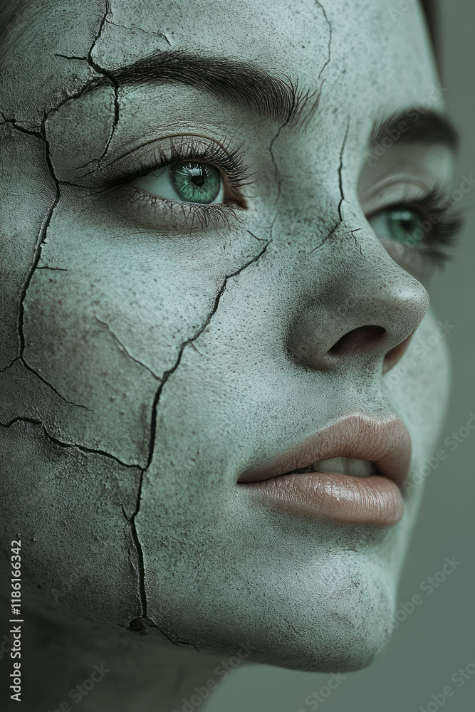 Poster slightly angled bust with a vertical crack from brow to chin, green growth visible in the gap, on a 