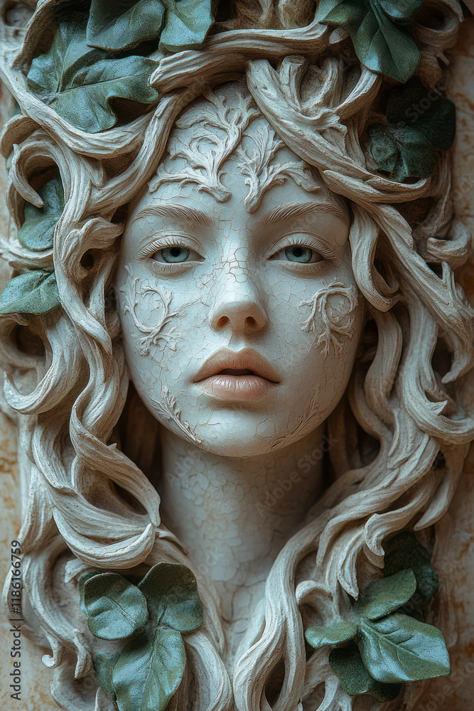 Poster a refined cameo-like face with symmetrical fracturing, inside are vivid vines, displayed on a slight