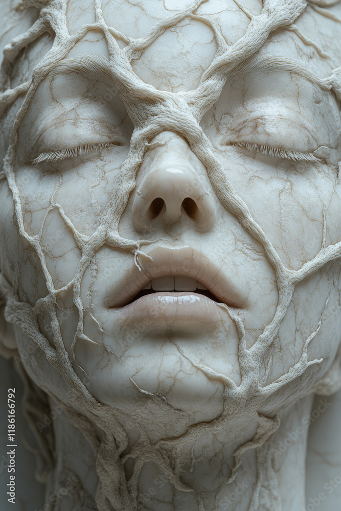 Poster a refined cameo-like face with symmetrical fracturing, inside are vivid vines, displayed on a slight
