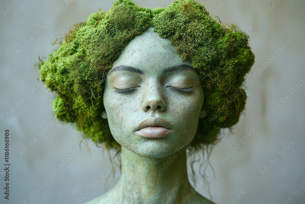 Poster Minimal bust with partial forehead missing, behind which a vibrant moss cluster thrives, set on a matte gray stage,