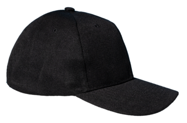 Profile view of Blank black baseball cap isolated on transparent background. Template Mock up