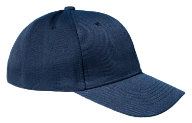 Profile view of Blank blue baseball cap isolated on transparent background. Template Mock up