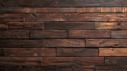 A textured wooden wall showcasing rich, dark tones with varying plank sizes and finishes, perfect for rustic or modern interior design.