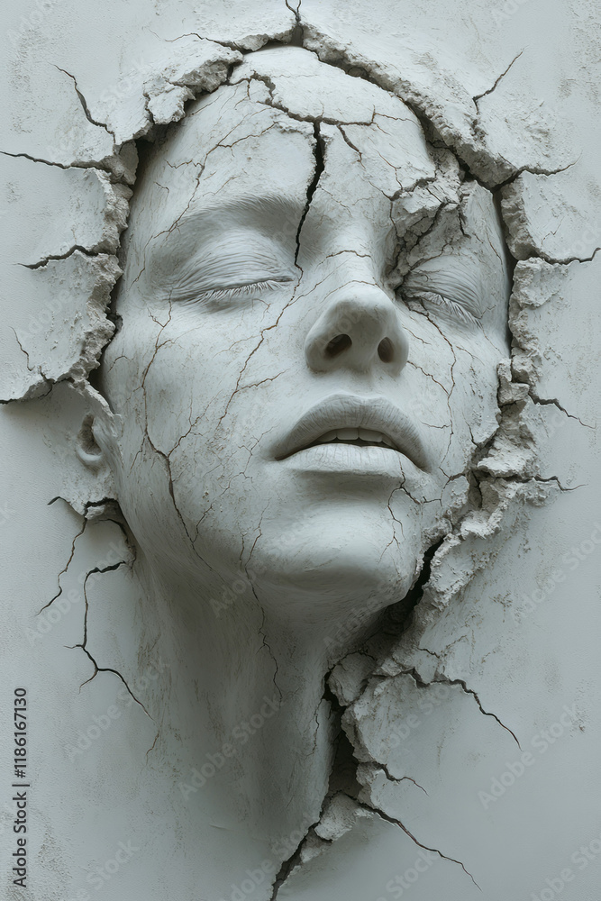 Poster exaggerated ear sculpt with a deep crack showing leafy interior, the white face merging with a simpl