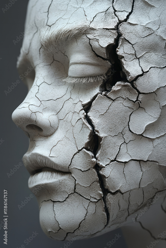 Poster exaggerated ear sculpt with a deep crack showing leafy interior, the white face merging with a simpl