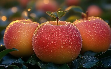 Three ripe red apples with dew drops.