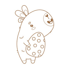Cute Outline Easter Capybara in bunny ears with paschal egg. Happy cartoon character animal. Line drawing, coloring book. Vector illustration. Kids collection