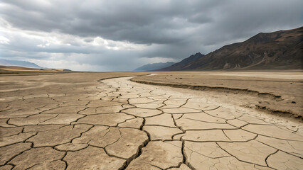 Arid landscape with cracked earth and expansive dry riverbed under cloudy sky.