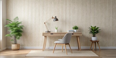 Modern home office with natural light, wooden desk, comfortable chair, and potted plants against a textured beige herringbone wall