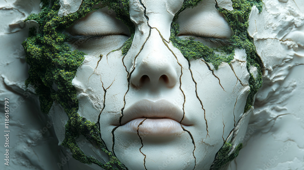 Poster surreal half-face design in matte white, cracks shaped like rivers of greenery, placed on an almost-