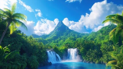 Naklejka premium Majestic Waterfall Tropical Forest Landscape Photography Scenic View Nature Escape