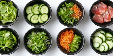 Assorted fresh ingredients in bowls greens, cucumbers, carrots, and tuna.