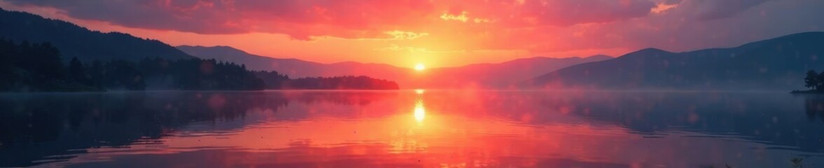 Fototapeta premium Reflection of sunset light on the lake surface, lake, hazy, sunset