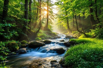 Obraz premium A tranquil forest stream flows over rocks, surrounded by vibrant greenery, with sunlight filtering through trees on a bright nature background. Peaceful scene. Ai generative.