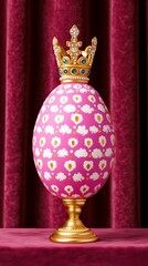 A royal egg character with an ornate cloak a golden scepter and a delicate jeweled crown set against a regal velvet backdrop for grandeur 