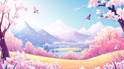 Spring blossoms valley mountain scenic background illustration