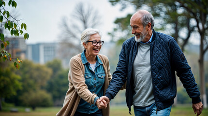 Fototapeta premium Happy senior couple strolling hand-in-hand through a park, enjoying a beautiful autumn day.