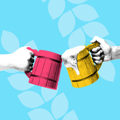 Conceptual graphic design. Two hands clinking colorful wooden beer mugs, splashes and bold tones highlighting celebration against bright blue leaf-patterned backdrop. Concept of traditional festivals
