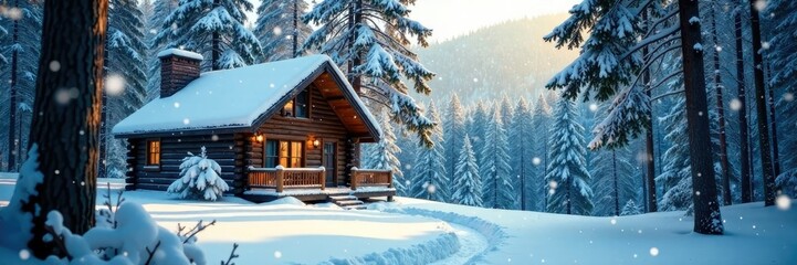 Naklejka premium Snowflakes gently fall on a secluded cabin in the woods, forest, snow, winter