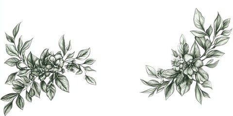 Naklejka premium A monochromatic botanical illustration with floral accents on either side, suitable for various decorative purposes.