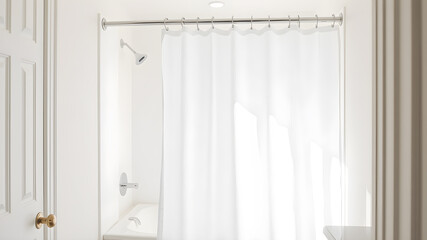 Fototapeta premium White bathroom with shower curtain hanging before bath natural tones.&nbsp;Generative AI