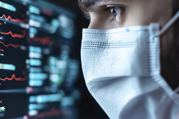 person wearing protective mask looks at digital data on screen, reflecting concern and focus