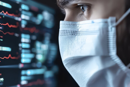 person wearing protective mask looks at digital data on screen, reflecting concern and focus - Powered by Adobe