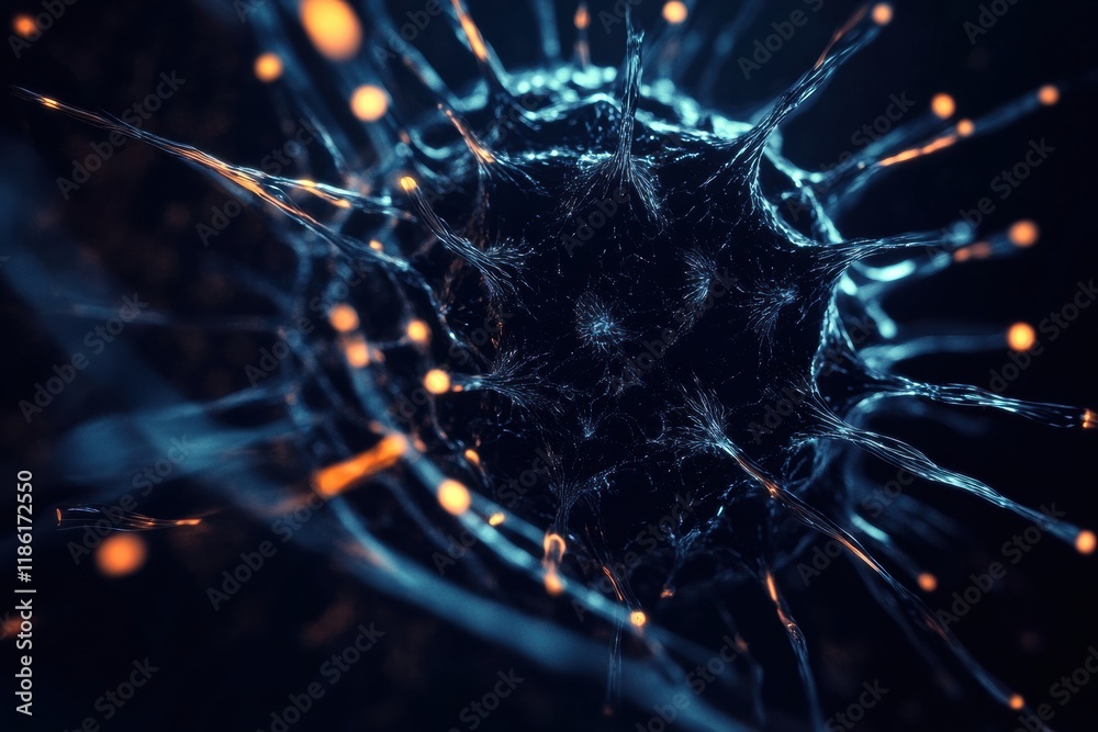 Poster detailed visualization of a virus structure highlighting capsid, spikes, and rna strands with glowin