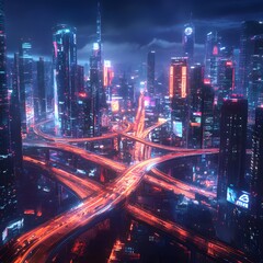 Fototapeta premium Vibrant Futuristic Cityscape at Night with Illuminated Skyscrapers and Elevated Highways