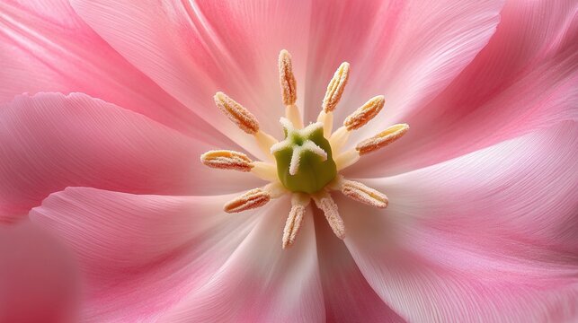 Macro shot of pink tulip delicate petals closeup image. Green pistil flower, pollen-covered stamen in soft natural light. Floral close up photography. Botanical concept photo realistic