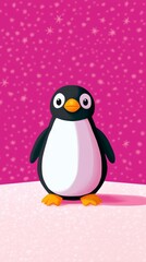 Naklejka premium An illustration of a baby penguin sliding on icy pastel snow surrounded by glowing stars and a soft twilight sky for a cute and elegant design 