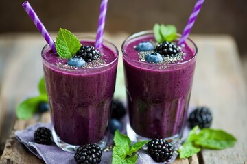 Two glasses of rich purple berry smoothie garnished with blackberries blueberries mint leaves and chia seeds