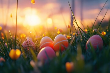 The joyous tradition of finding colorful easter eggs in a lush grassy field, with the warm glow of the setting sun.