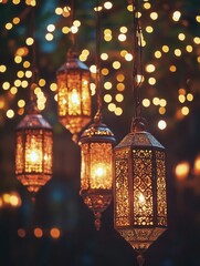 Nighttime scene with intricate lanterns illuminated by lights.