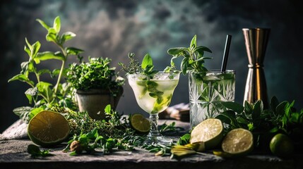 Table with a variety of drinks and garnishes, including a martini glass with a lime wedge and a glass of water