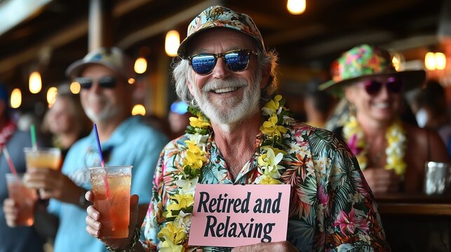 Celebratory tropical retirement party attended by joyful guests in Hawaiian shirts and leis enjoying drinks and festivities