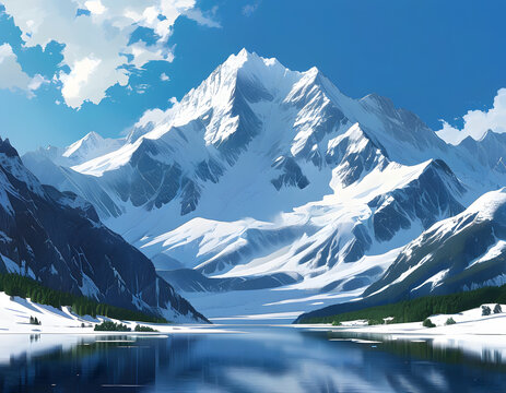 Snowy Mountain Range with a Lake