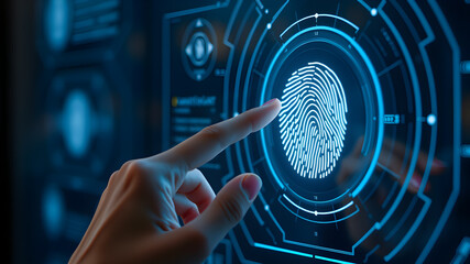 Woman finger touching futuristic interactive screen with fingerprint scanning technology. Generative AI