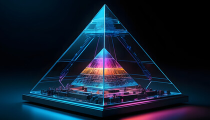 Futuristic pyramid structure with glowing data streams.