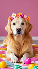 Elegant A golden retriever with a flower crown lying on a cozy blanket in a sunlit room surrounded by toys for National Pet Day elegance 