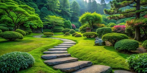 Obraz premium Serene Stone Path Winding Through Lush Green Landscape Featuring Carefully Manicured Shrubs and Trees in a Picturesque Garden Setting