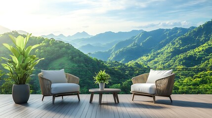 Fototapeta premium A serene outdoor setting on a wooden deck, featuring two cushioned chairs, a small table, and a potted plant.
