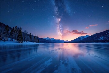 Starry sky above a frozen lake on a winter evening, serene, icy
