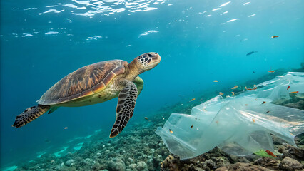 Obraz premium Sea turtle navigating ocean pollution in underwater scene.