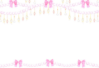Christmas garlands frame border. Hand drawn watercolor illustration of string of beads with bows isolated on white background. Can be used for postcard, invitation and other printed products.